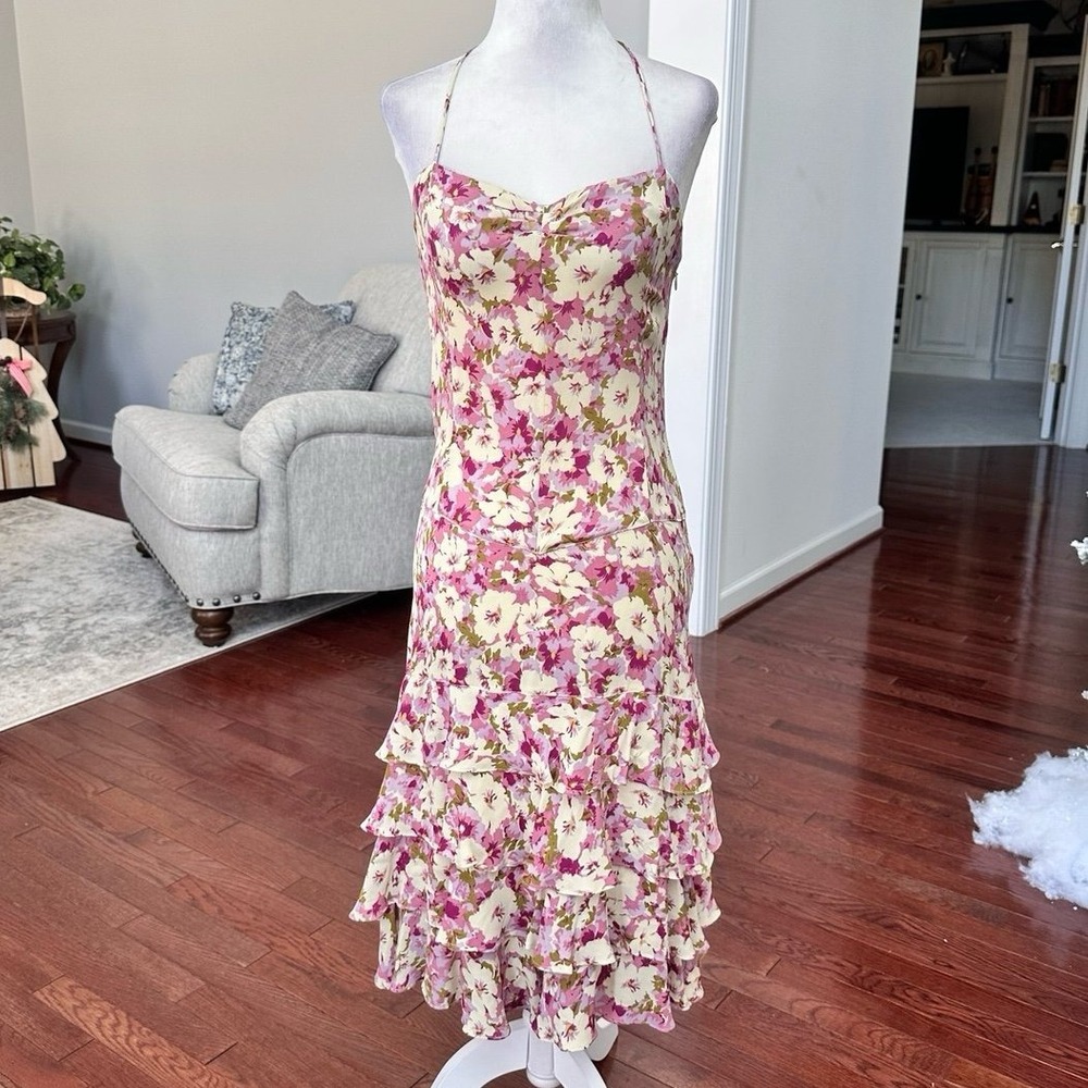 Vintage Odille 100% Silk Made in USA Floral Halter‎ Cocktail Dress Size 2